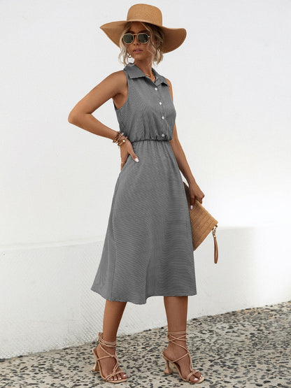 Striped Collared Neck Sleeveless Midi Dress Carauana Store