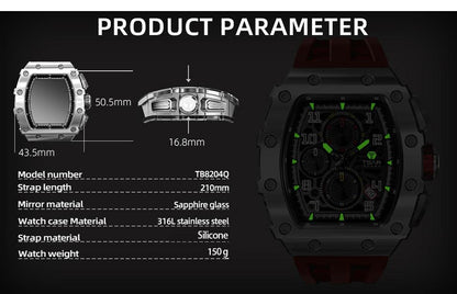 TSAR BOMBA Luxury Tonneau Clock 50M Waterproof Stainless Steel Carauana Store