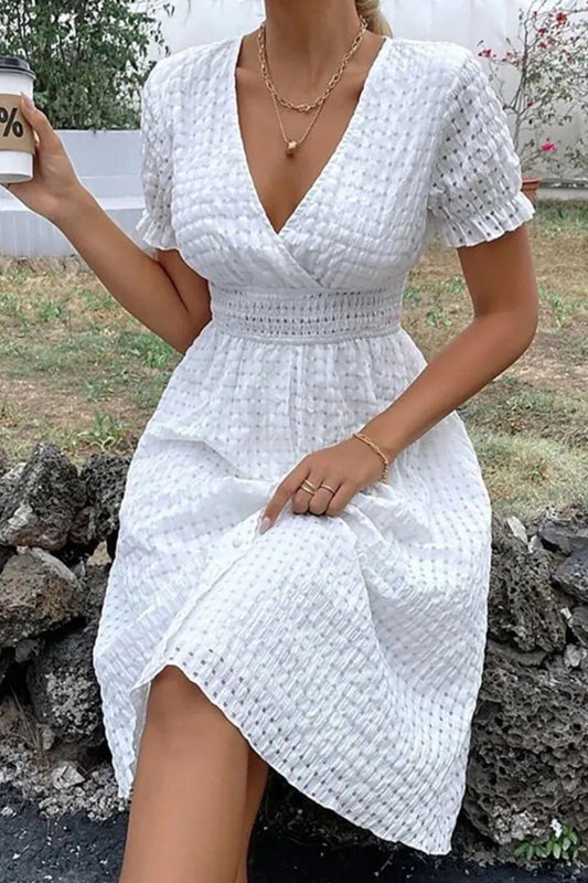 Textured Surplice Short Sleeve Dress Carauana Store