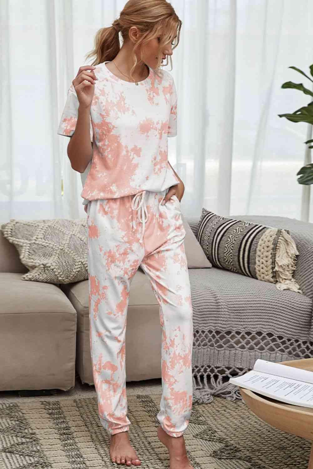 Tie-Dye Tee and Drawstring Waist Joggers Lounge Set Carauana Store