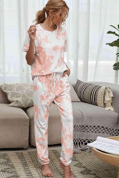 Tie-Dye Tee and Drawstring Waist Joggers Lounge Set Carauana Store