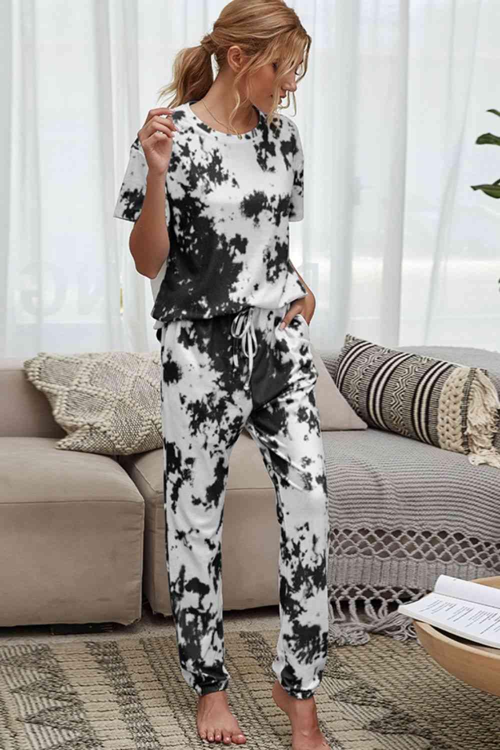 Tie-Dye Tee and Drawstring Waist Joggers Lounge Set Carauana Store