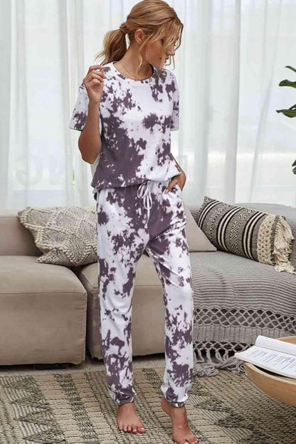 Tie-Dye Tee and Drawstring Waist Joggers Lounge Set Carauana Store