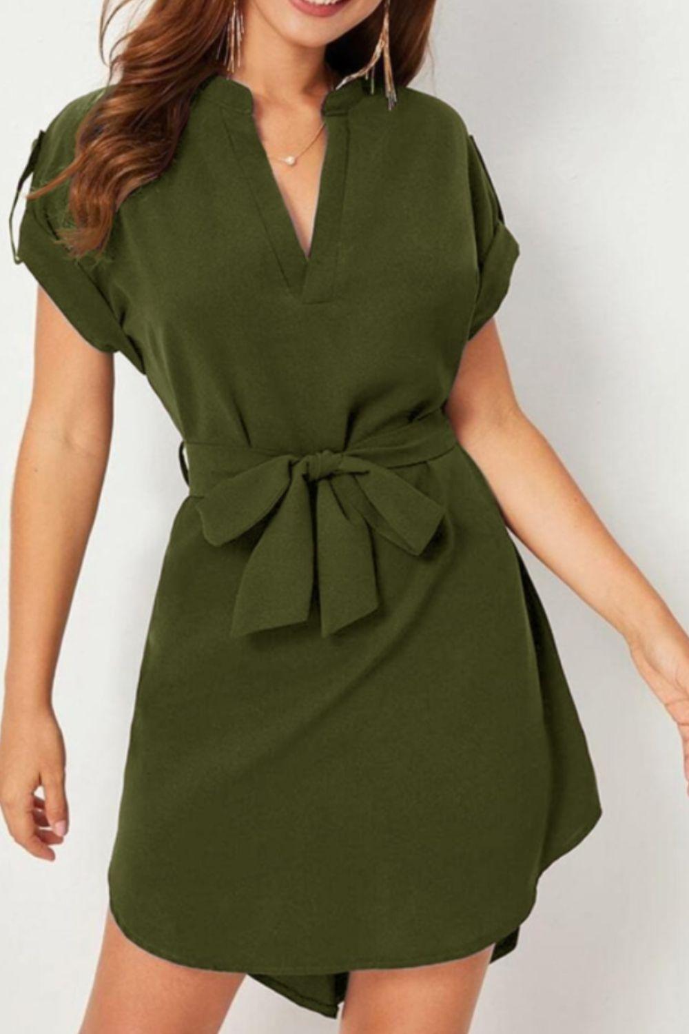 Tied Notched Short Sleeve Dress Carauana Store