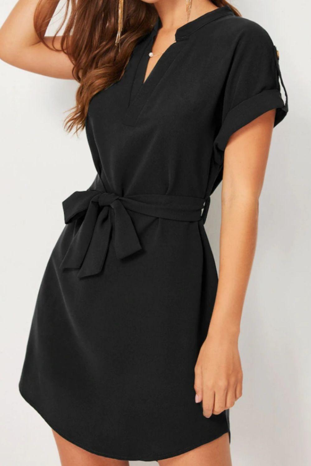 Tied Notched Short Sleeve Dress Carauana Store