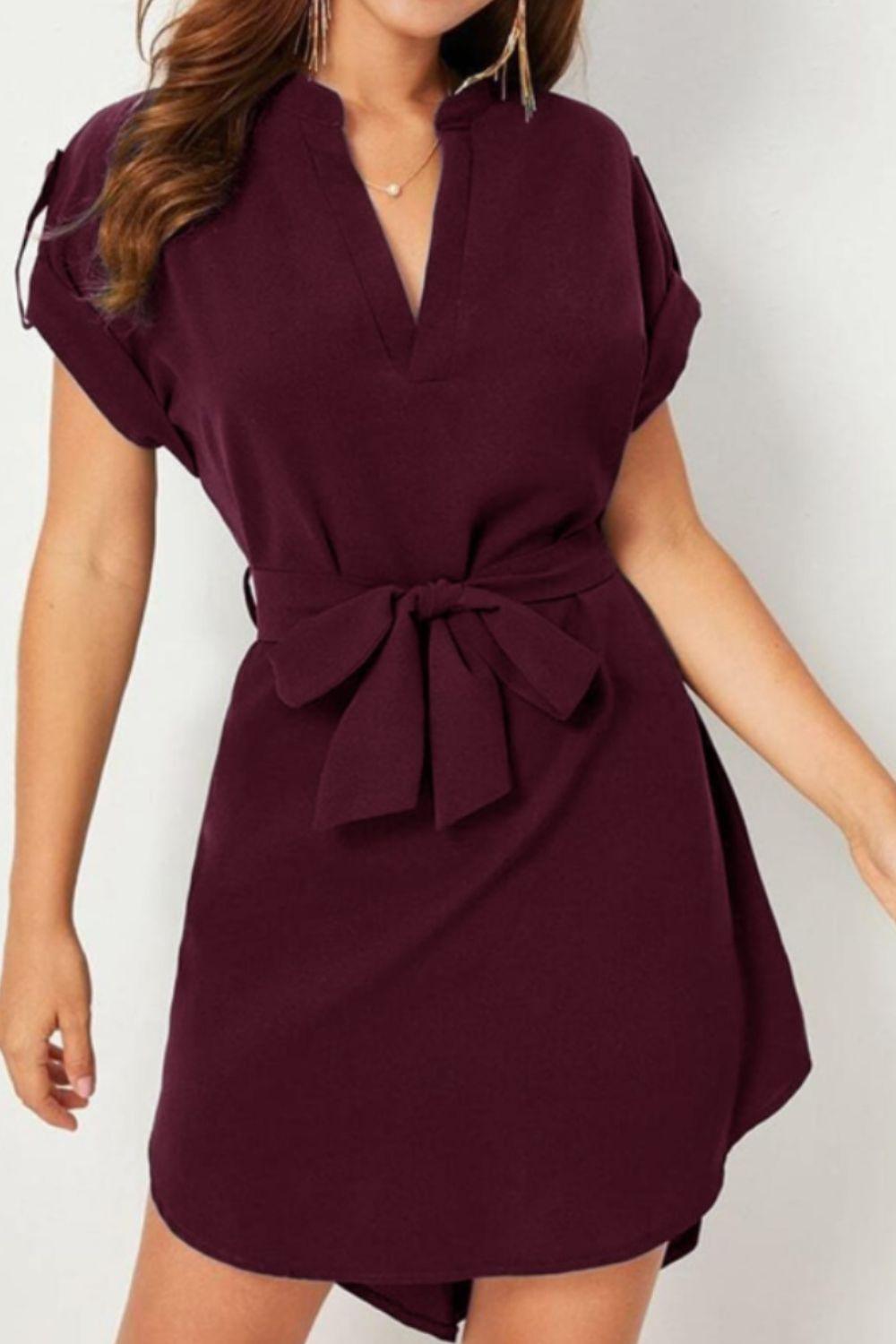 Tied Notched Short Sleeve Dress Carauana Store
