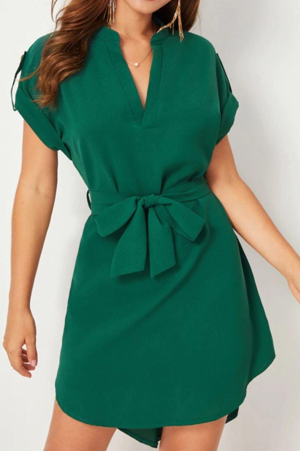 Tied Notched Short Sleeve Dress Carauana Store