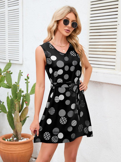 Tied Polka Dot V-Neck Dress Carauana Store