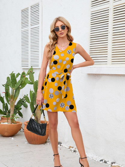 Tied Polka Dot V-Neck Dress Carauana Store