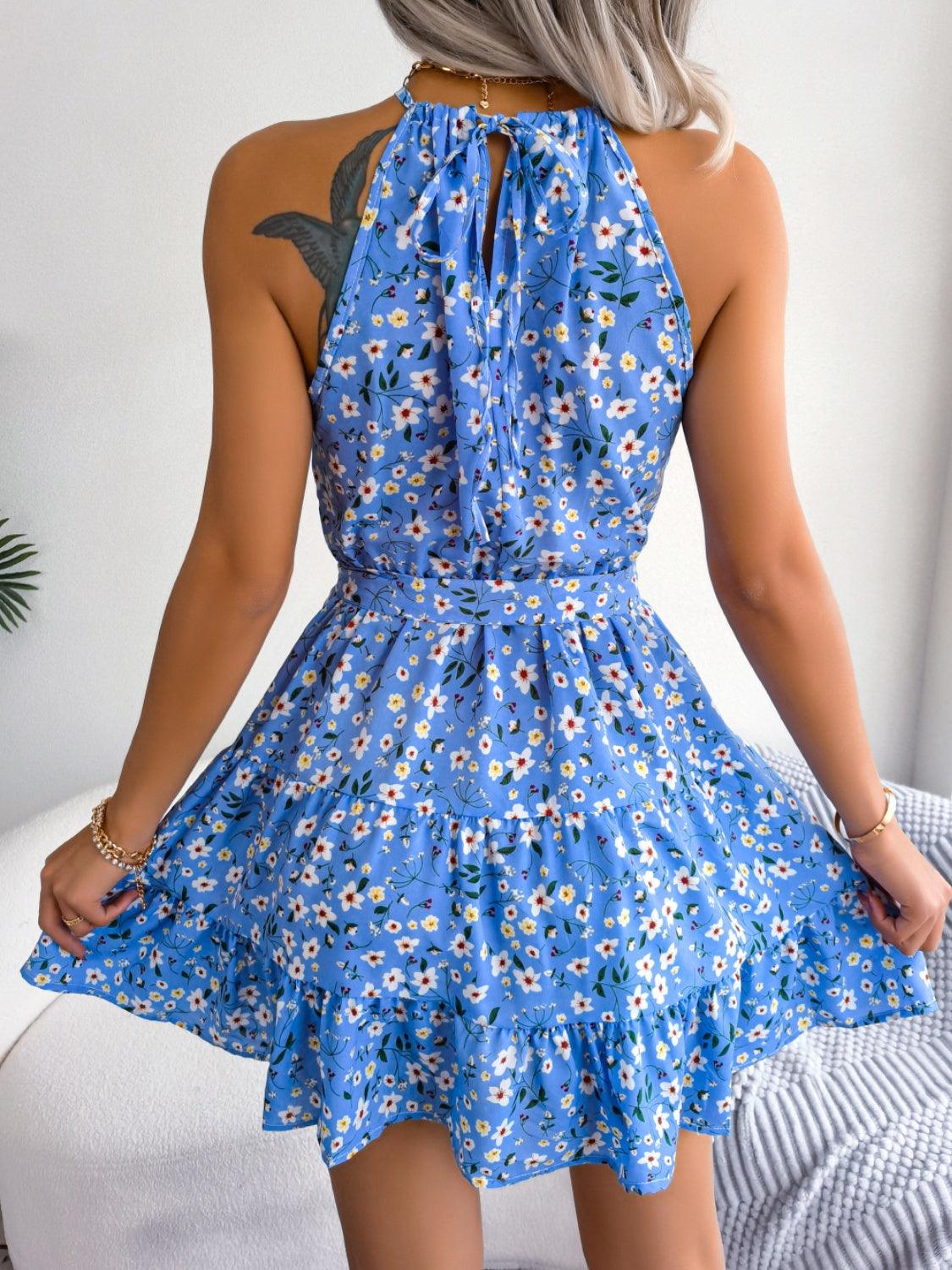 Tied Printed Grecian Neck Mini Dress Carauana Store