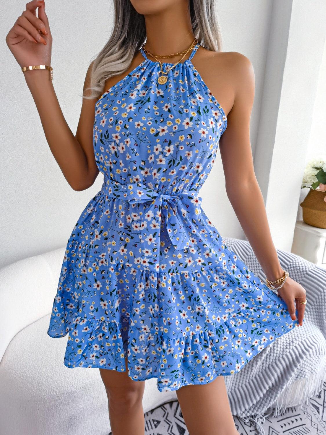 Tied Printed Grecian Neck Mini Dress Carauana Store