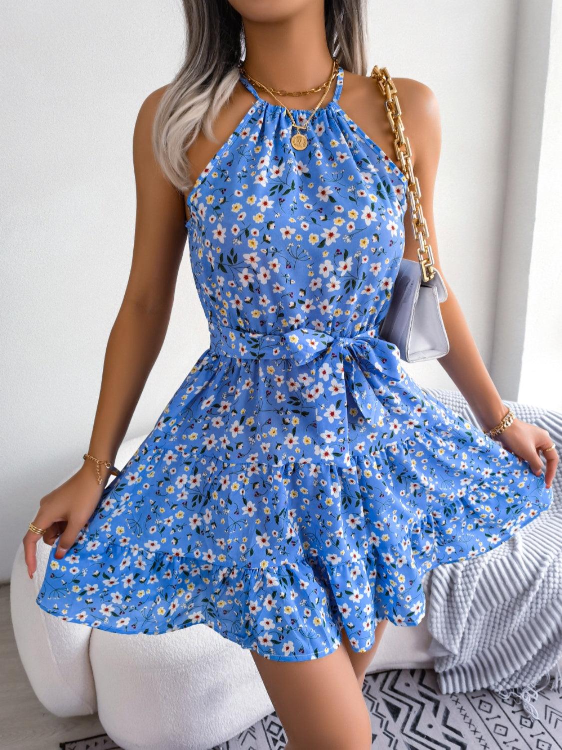 Tied Printed Grecian Neck Mini Dress Carauana Store