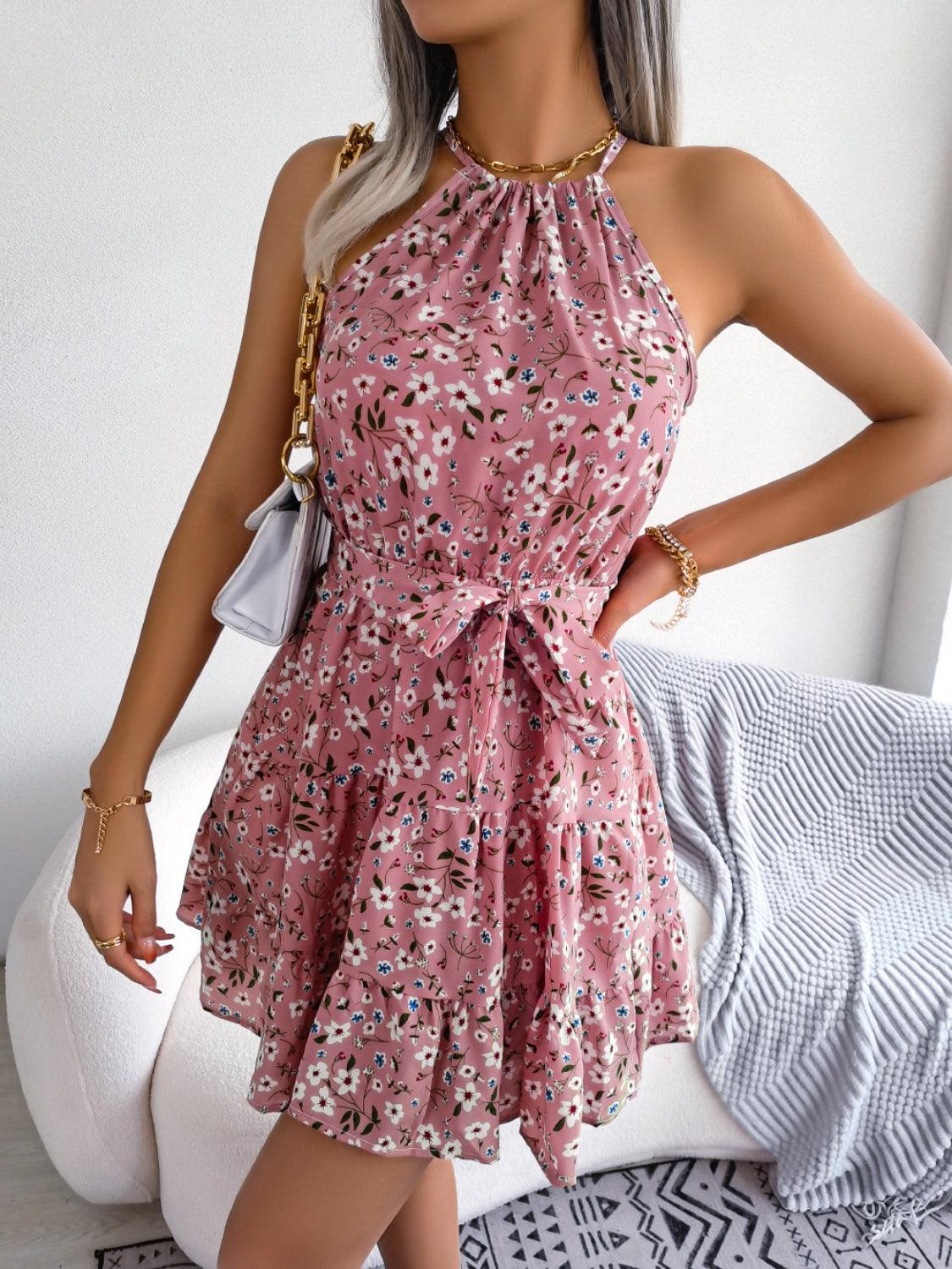 Tied Printed Grecian Neck Mini Dress Carauana Store