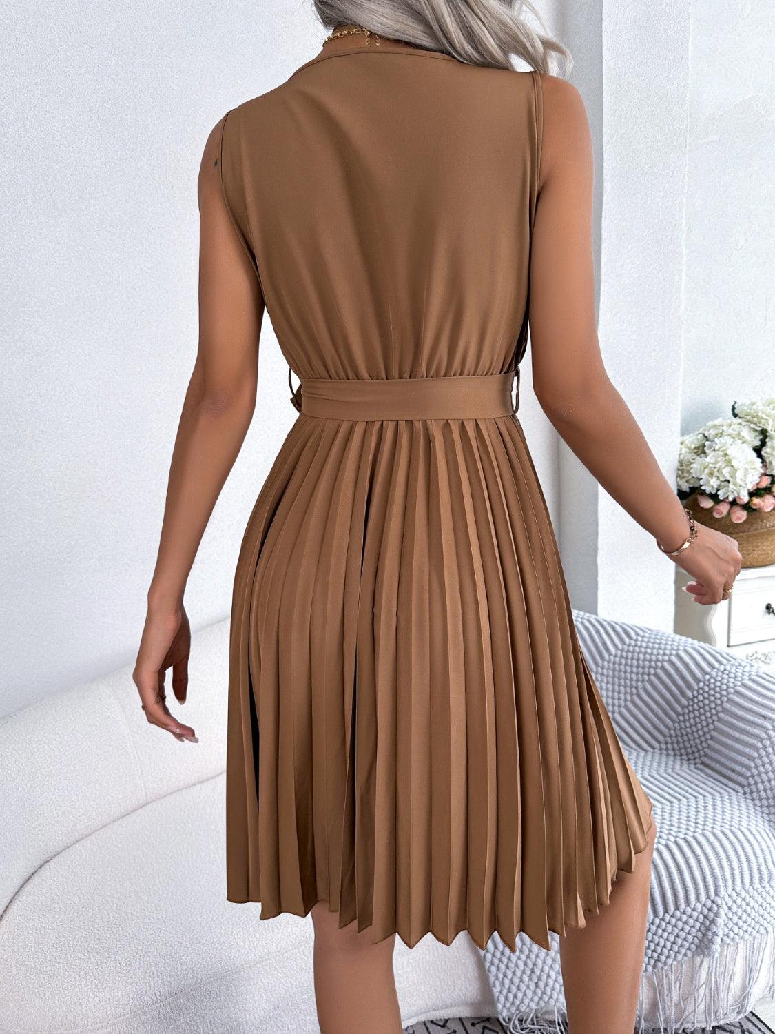 Tied Surplice Sleeveless Pleated Dress Carauana Store
