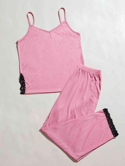 V-Neck Lace Trim Slit Cami and Pants Pajama Set Carauana Store