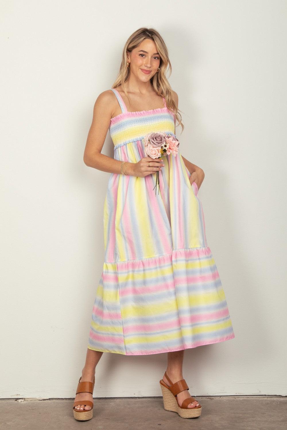 VERY J Striped Woven Smocked Midi Cami Dress Carauana Store