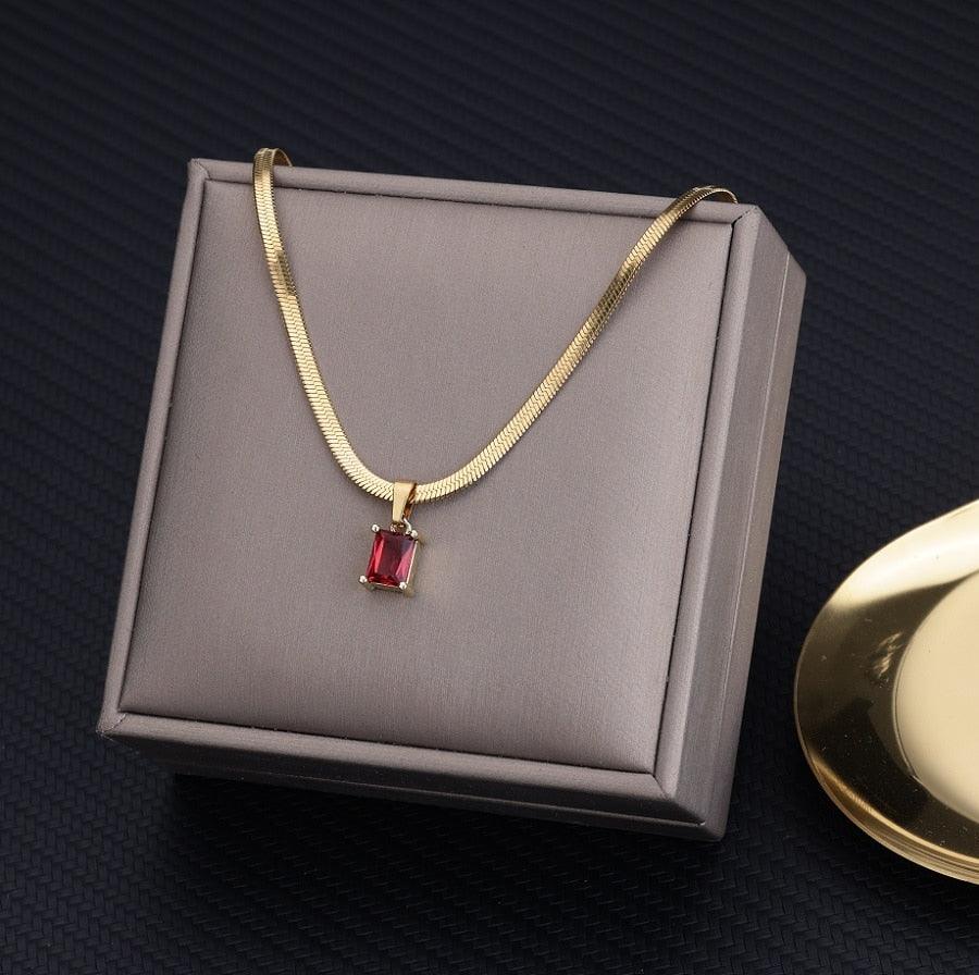 Vintage Rust Steel Zircon Necklace Flat Snake Bone Chain Blade Chain Square Emerald Pendant Necklace Women Carauana Store