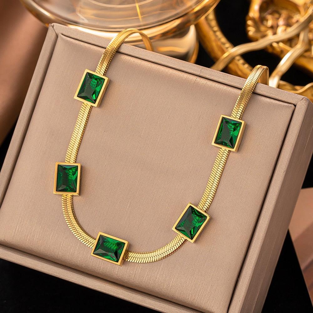 Vintage Rust Steel Zircon Necklace Flat Snake Bone Chain Blade Chain Square Emerald Pendant Necklace Women Carauana Store