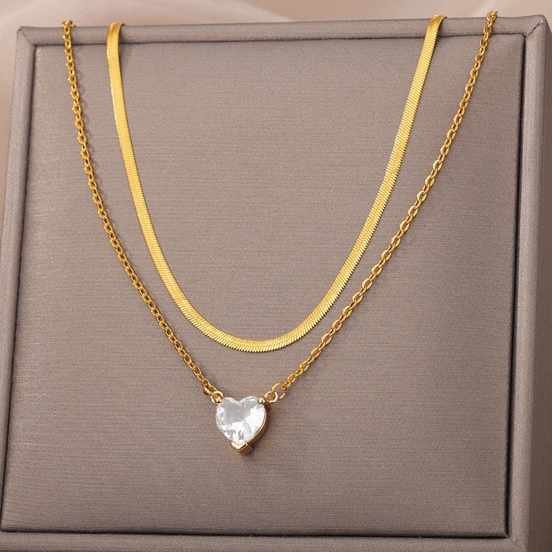 Vintage Rust Steel Zircon Necklace Flat Snake Bone Chain Blade Chain Square Emerald Pendant Necklace Women Carauana Store