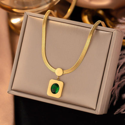 Vintage Rust Steel Zircon Necklace Flat Snake Bone Chain Blade Chain Square Emerald Pendant Necklace Women Carauana Store