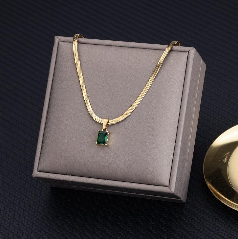Vintage Rust Steel Zircon Necklace Flat Snake Bone Chain Blade Chain Square Emerald Pendant Necklace Women Carauana Store