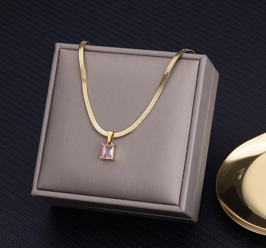 Vintage Rust Steel Zircon Necklace Flat Snake Bone Chain Blade Chain Square Emerald Pendant Necklace Women Carauana Store
