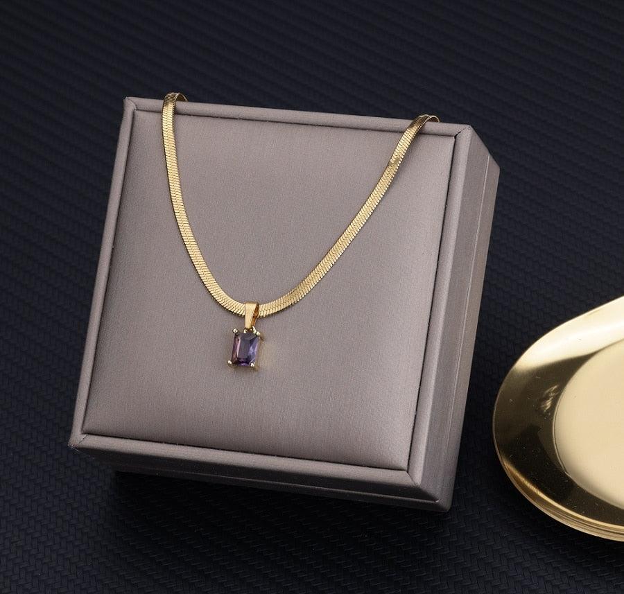 Vintage Rust Steel Zircon Necklace Flat Snake Bone Chain Blade Chain Square Emerald Pendant Necklace Women Carauana Store