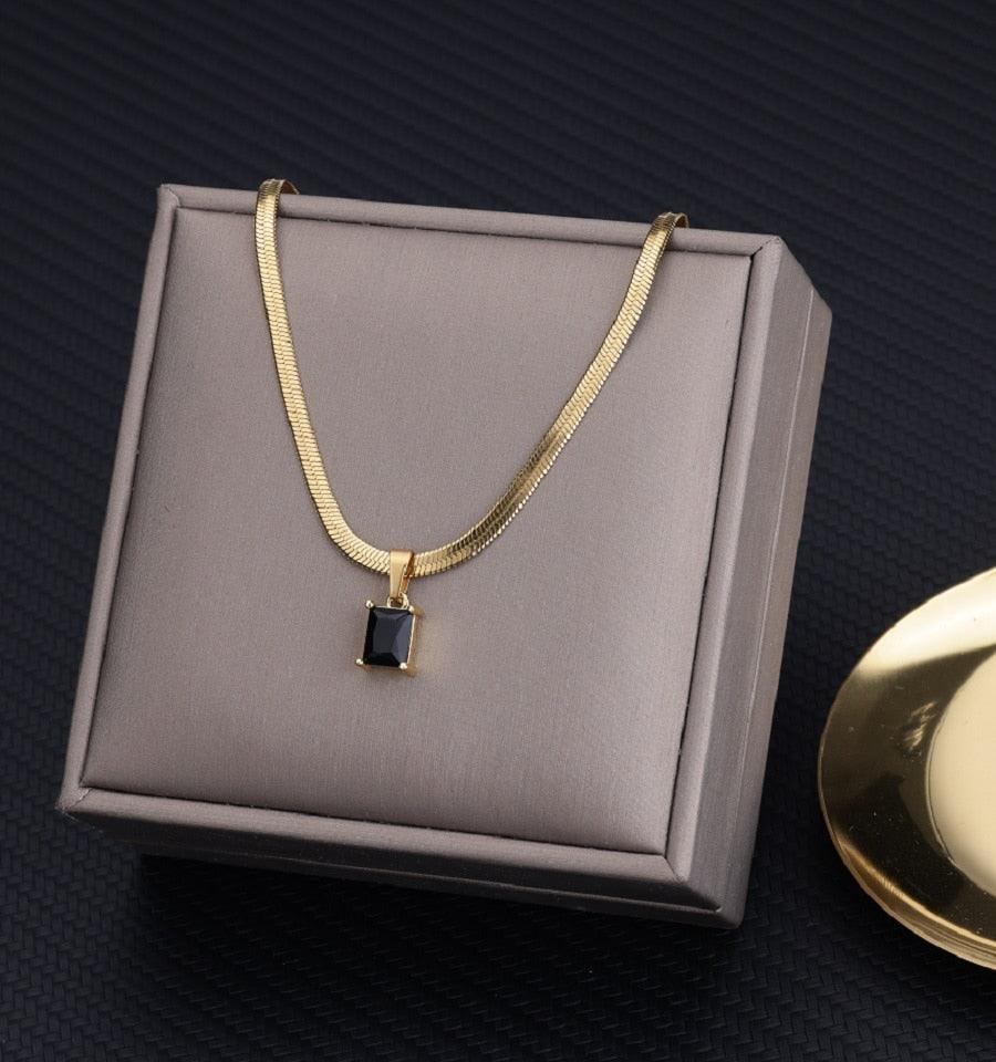 Vintage Rust Steel Zircon Necklace Flat Snake Bone Chain Blade Chain Square Emerald Pendant Necklace Women Carauana Store