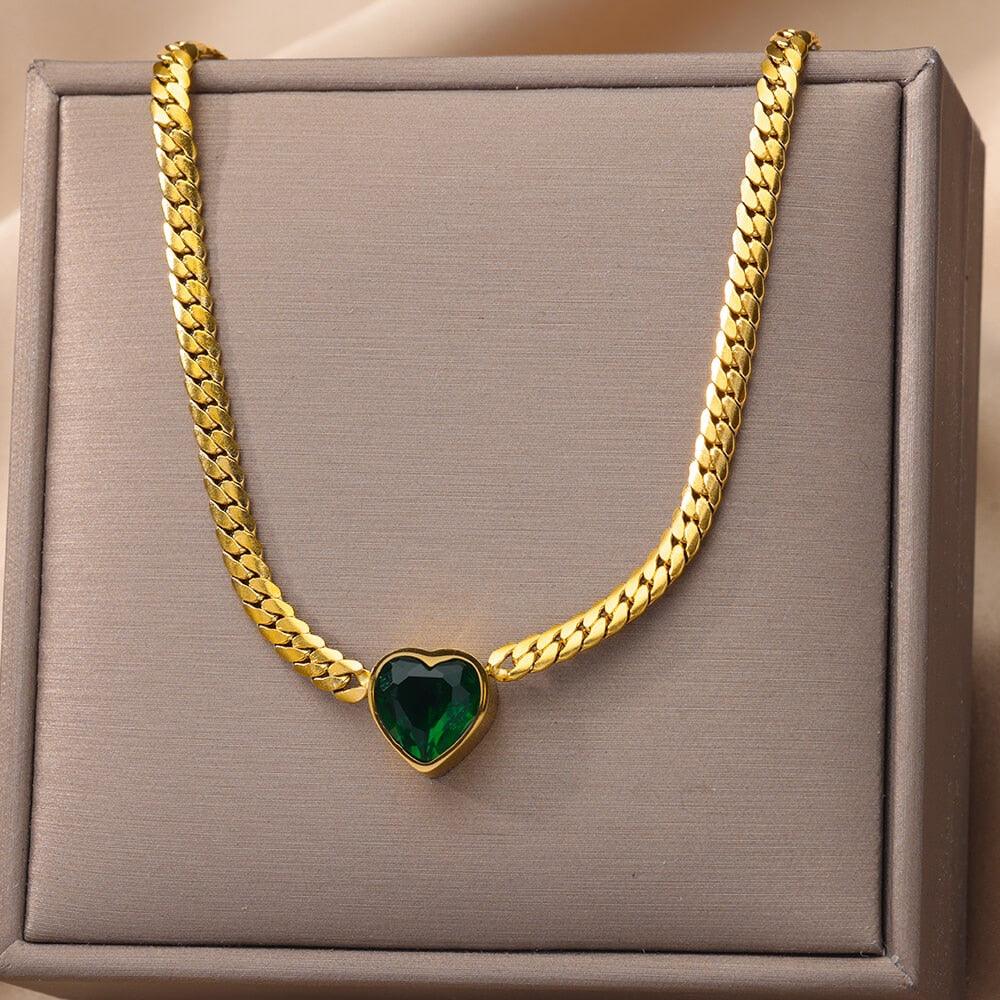 Vintage Rust Steel Zircon Necklace Flat Snake Bone Chain Blade Chain Square Emerald Pendant Necklace Women Carauana Store