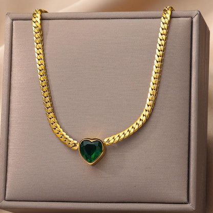 Vintage Rust Steel Zircon Necklace Flat Snake Bone Chain Blade Chain Square Emerald Pendant Necklace Women Carauana Store