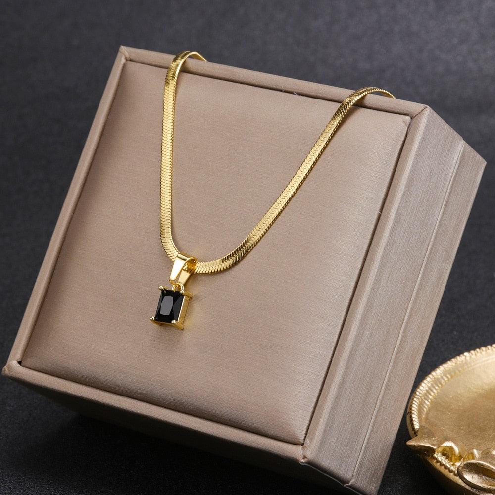 Vintage Rust Steel Zircon Necklace Flat Snake Bone Chain Blade Chain Square Emerald Pendant Necklace Women Carauana Store