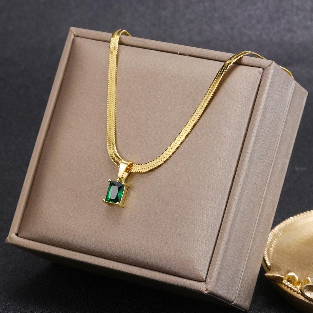 Vintage Rust Steel Zircon Necklace Flat Snake Bone Chain Blade Chain Square Emerald Pendant Necklace Women Carauana Store