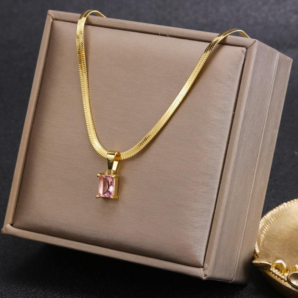 Vintage Rust Steel Zircon Necklace Flat Snake Bone Chain Blade Chain Square Emerald Pendant Necklace Women Carauana Store