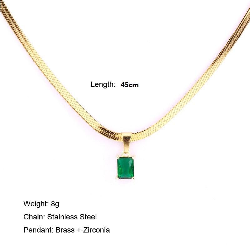 Vintage Rust Steel Zircon Necklace Flat Snake Bone Chain Blade Chain Square Emerald Pendant Necklace Women Carauana Store