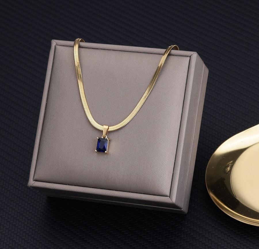 Vintage Rust Steel Zircon Necklace Flat Snake Bone Chain Blade Chain Square Emerald Pendant Necklace Women Carauana Store