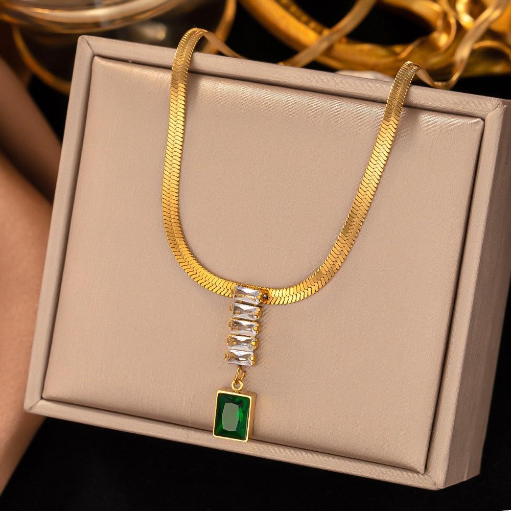 Vintage Rust Steel Zircon Necklace Flat Snake Bone Chain Blade Chain Square Emerald Pendant Necklace Women Carauana Store