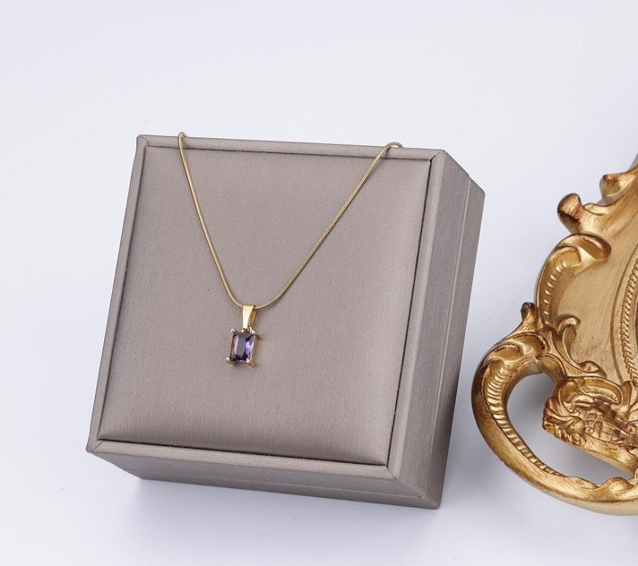 Vintage Rust Steel Zircon Necklace Flat Snake Bone Chain Blade Chain Square Emerald Pendant Necklace Women Carauana Store