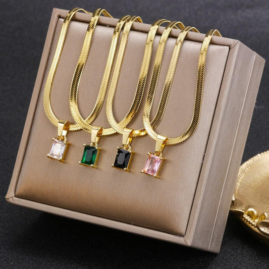 Vintage Rust Steel Zircon Necklace Flat Snake Bone Chain Blade Chain Square Emerald Pendant Necklace Women Carauana Store