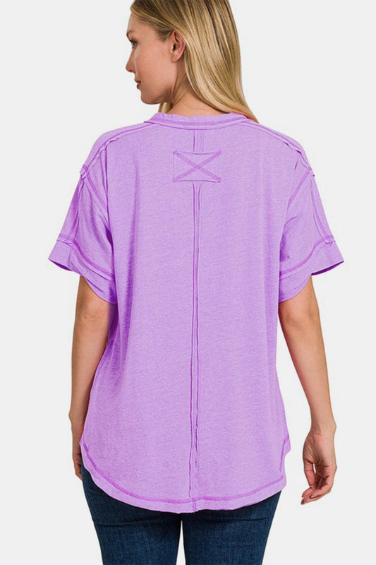 Zenana Exposed Seam Half Button Short Sleeve Top Carauana Store