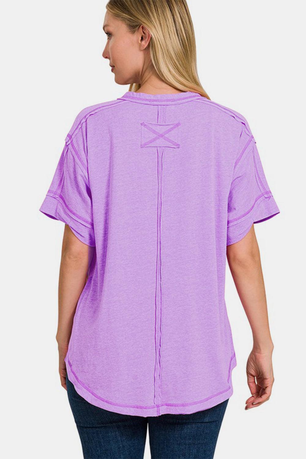 Zenana Exposed Seam Half Button Short Sleeve Top Carauana Store
