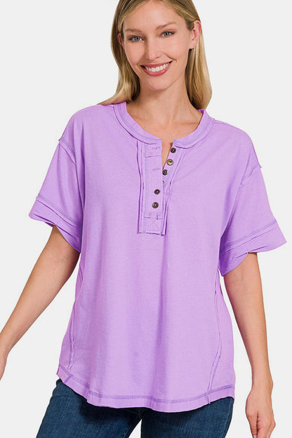Zenana Exposed Seam Half Button Short Sleeve Top Carauana Store