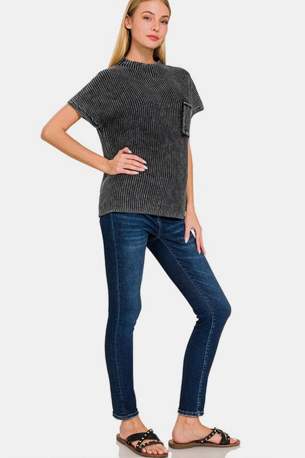 Zenana Pocketed Mock Neck Short Sleeve Sweater Carauana Store