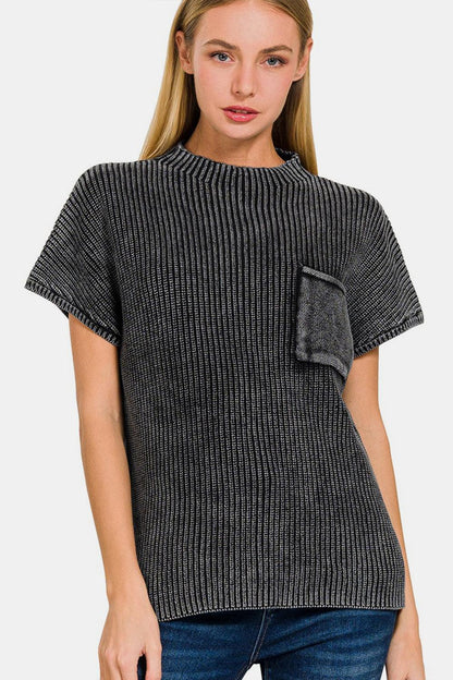 Zenana Pocketed Mock Neck Short Sleeve Sweater Carauana Store