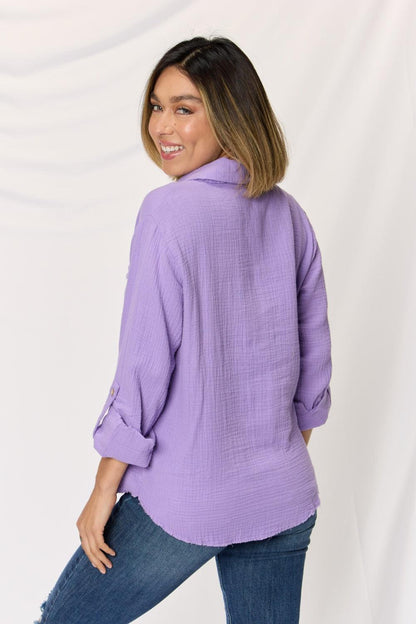 Zenana Texture Button Up Raw Hem Long Sleeve Shirt Carauana Store