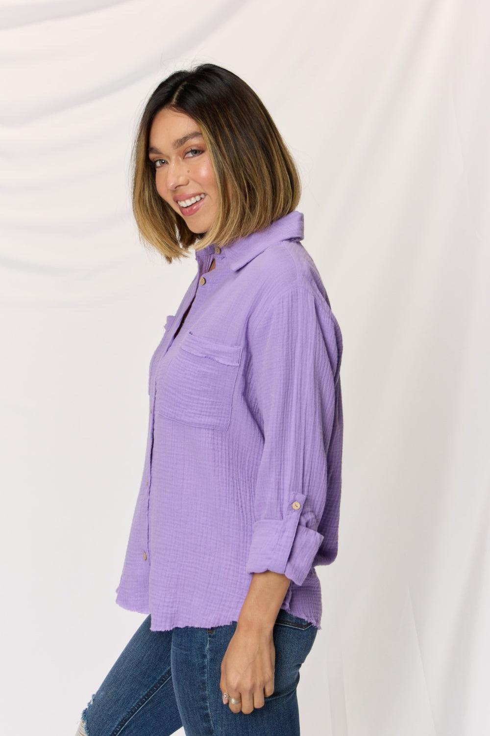 Zenana Texture Button Up Raw Hem Long Sleeve Shirt Carauana Store