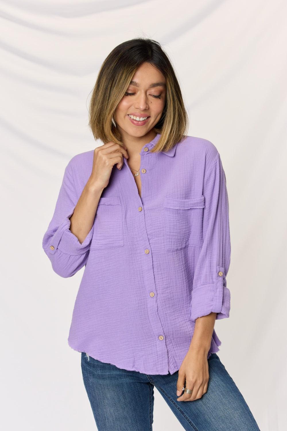 Zenana Texture Button Up Raw Hem Long Sleeve Shirt Carauana Store