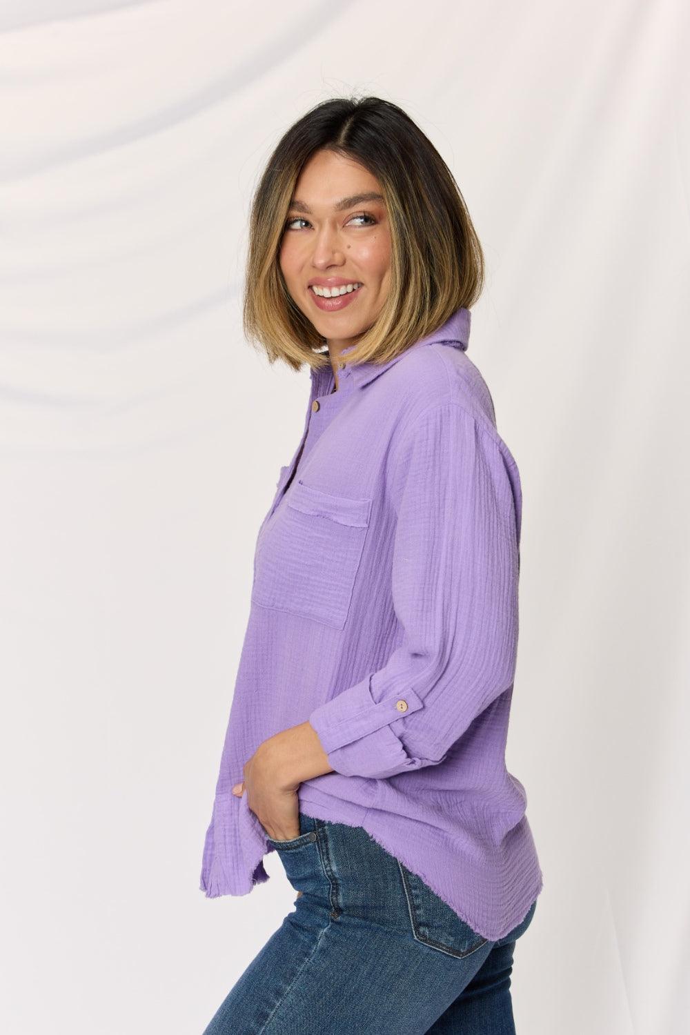Zenana Texture Button Up Raw Hem Long Sleeve Shirt Carauana Store