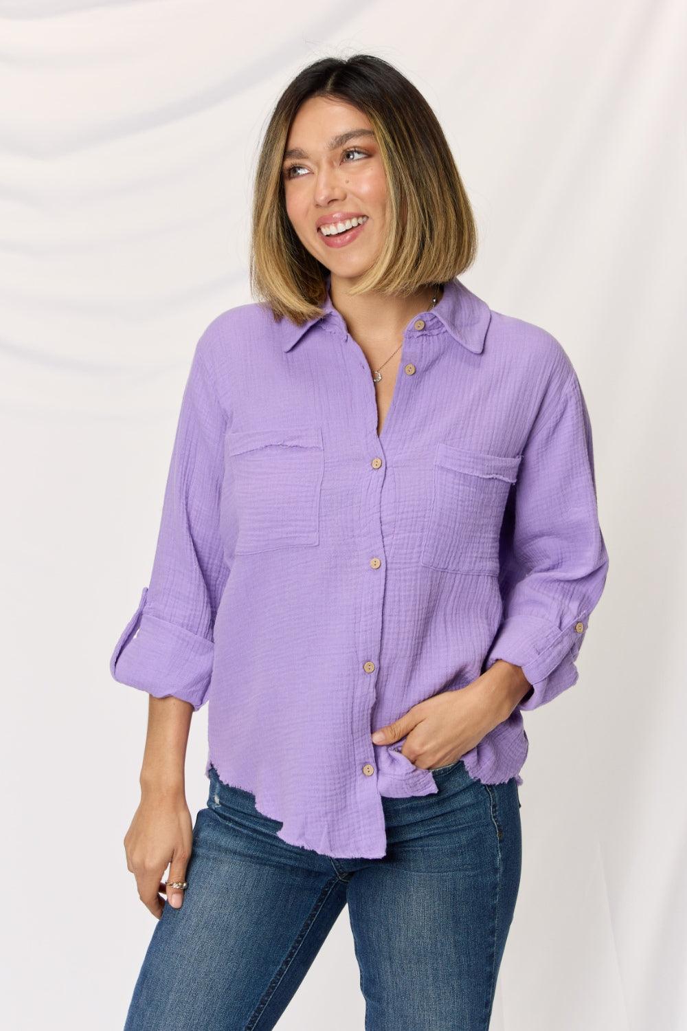 Zenana Texture Button Up Raw Hem Long Sleeve Shirt Carauana Store