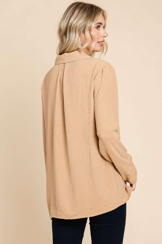 Culture Code Full Size Lapel Collar Ruched Long Sleeve Blouse Carauana Store