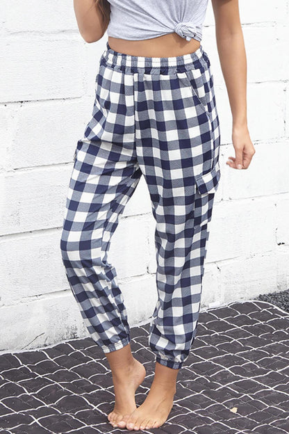 Plaid Elastic High Waist Cargo Pants Carauana Store